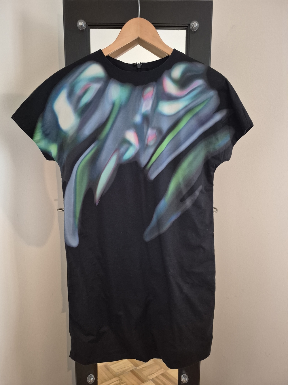 COS Black Mini Dress with Iridescent Green and Blue Print